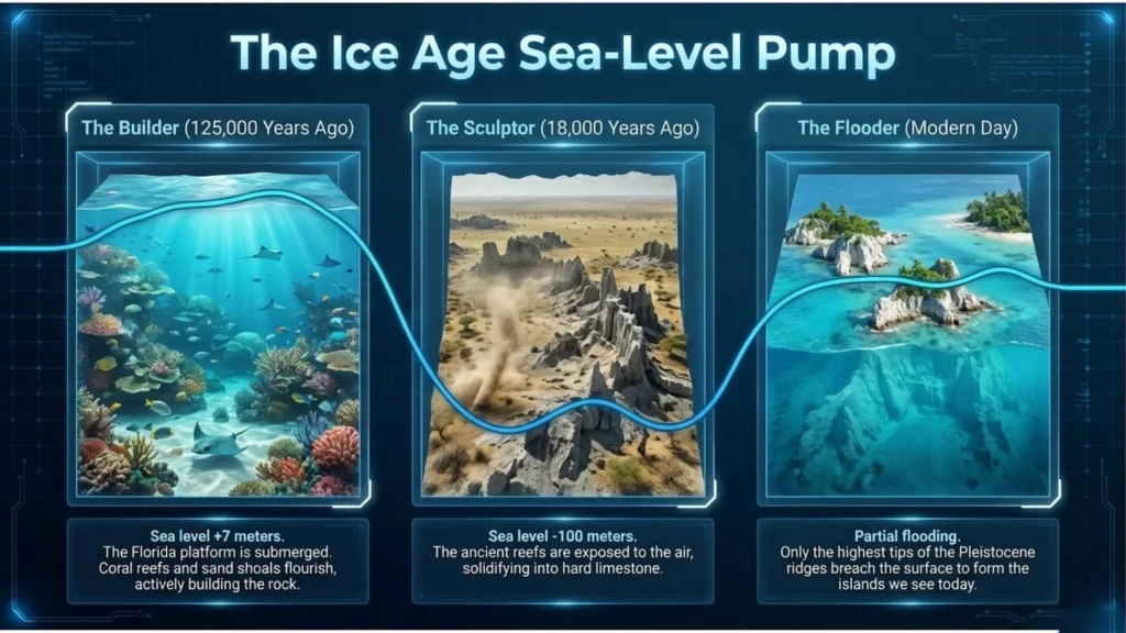 The three eras of sea level rise and fall