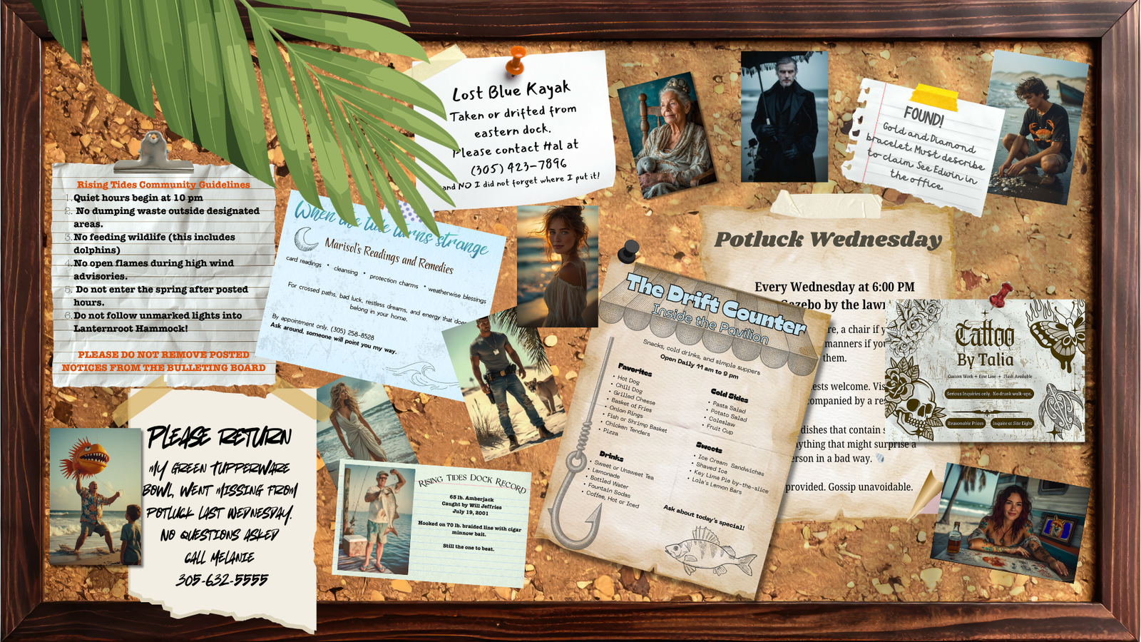 A bulletin board cluttered with photos and announcements