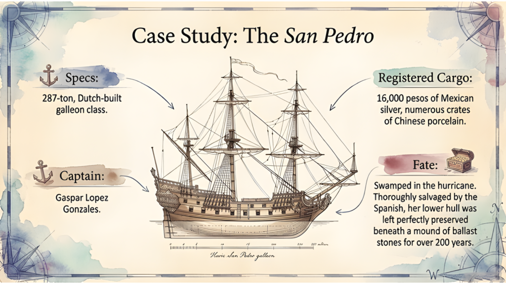 Illustrated profile of the 287-ton, Dutch-built San Pedro, commanded by Gaspar Lopez Gonzales and carrying 16,000 pesos in Mexican silver and crates of Chinese porcelain.