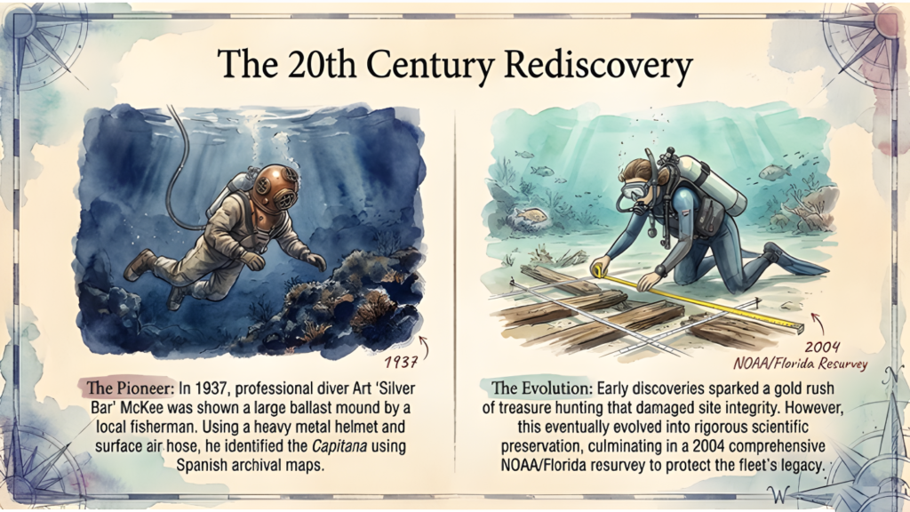 Two underwater scenes contrast an early diver in a heavy metal helmet with a modern scuba archaeologist measuring wreck timbers. Historical note: the slide’s 1937 rediscovery date requires correction to the 1960s.