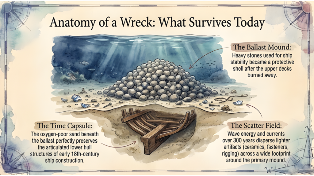 Cutaway diagram of a shipwreck showing a ballast-stone mound above buried lower-hull timbers, with ceramics, fasteners and rigging fragments dispersed around the site.