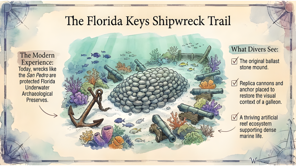 Illustration of the protected San Pedro wreck site with its original ballast mound, replica cannons, an anchor, corals and fish. Text describes its role as an underwater archaeological preserve.