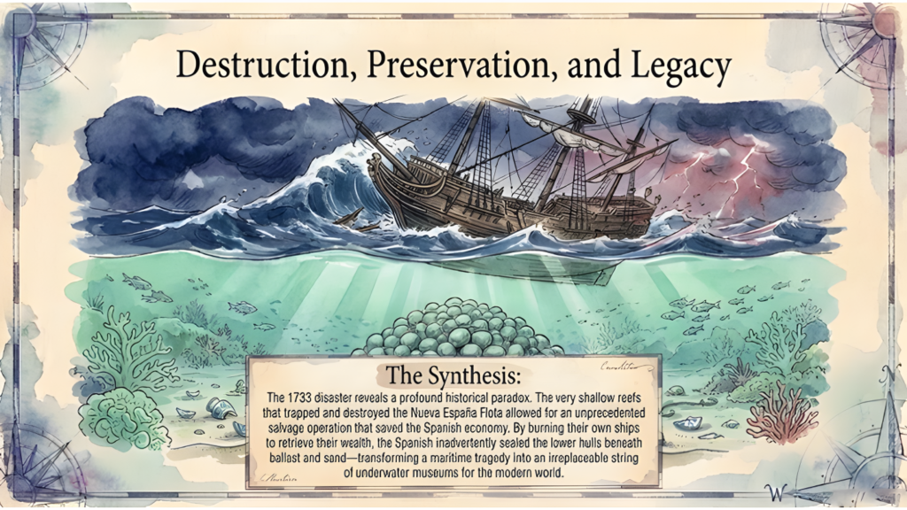 Final synthesis image showing a ship in the 1733 hurricane above its later underwater remains, connecting the fleet’s destruction, archaeological preservation and continuing life as a marine habitat.