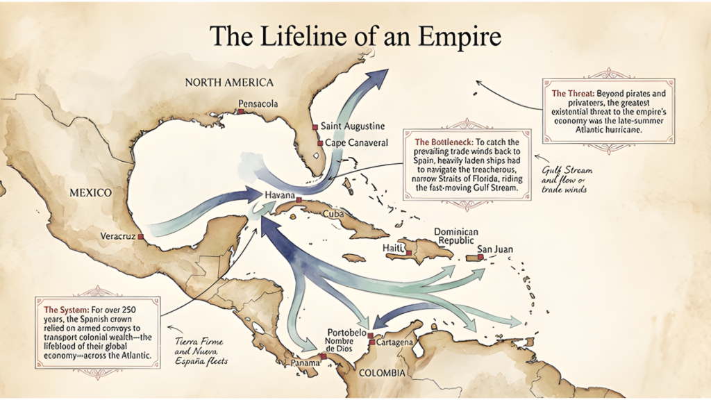 Map of the Caribbean, Gulf of Mexico and southeastern North America showing Spanish colonial trade routes converging on Havana before following the Gulf Stream through the Florida Straits toward Spain.
