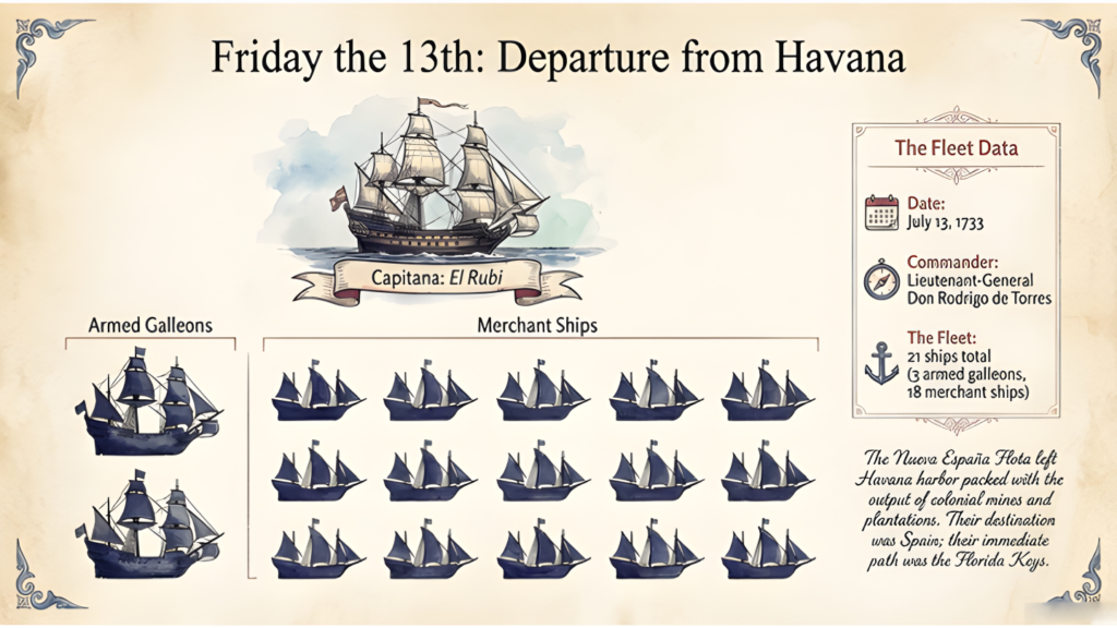 Diagram of the 1733 fleet departing Havana on Friday, July 13, under Rodrigo de Torres. An illustration of the flagship El Rubí appears above rows of armed and merchant vessels.