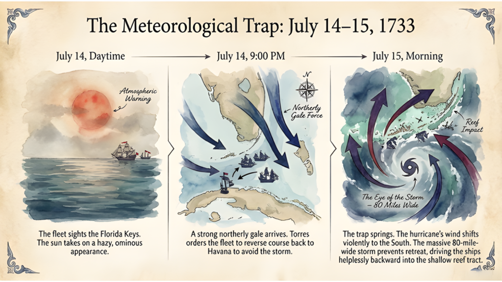 Three-part timeline of the July 1733 hurricane: ominous weather near the Florida Keys, a northerly gale prompting the fleet to turn toward Havana, and shifting hurricane winds driving ships toward the reef.