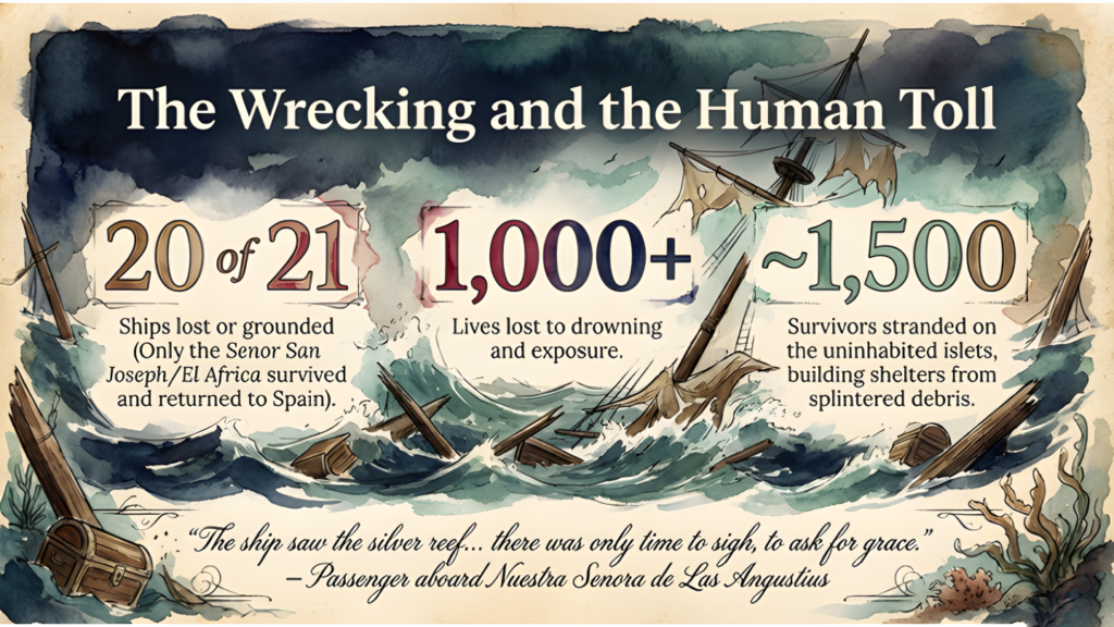 Storm-wreckage illustration titled “The Wrecking and the Human Toll,” presenting figures for ships, fatalities and stranded survivors. Historical note: the casualty and survivor figures shown require correction.