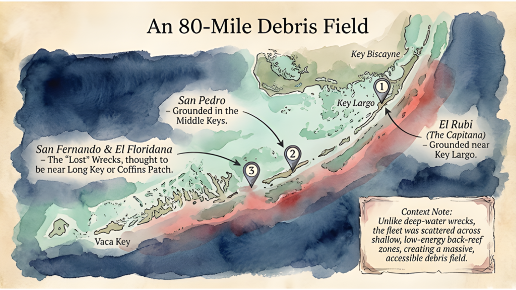 Watercolor map of an approximately 80-mile stretch of the Florida Keys showing the scattered locations of 1733 fleet wrecks, including El Rubí, San Pedro, San Fernando and El Floridana.