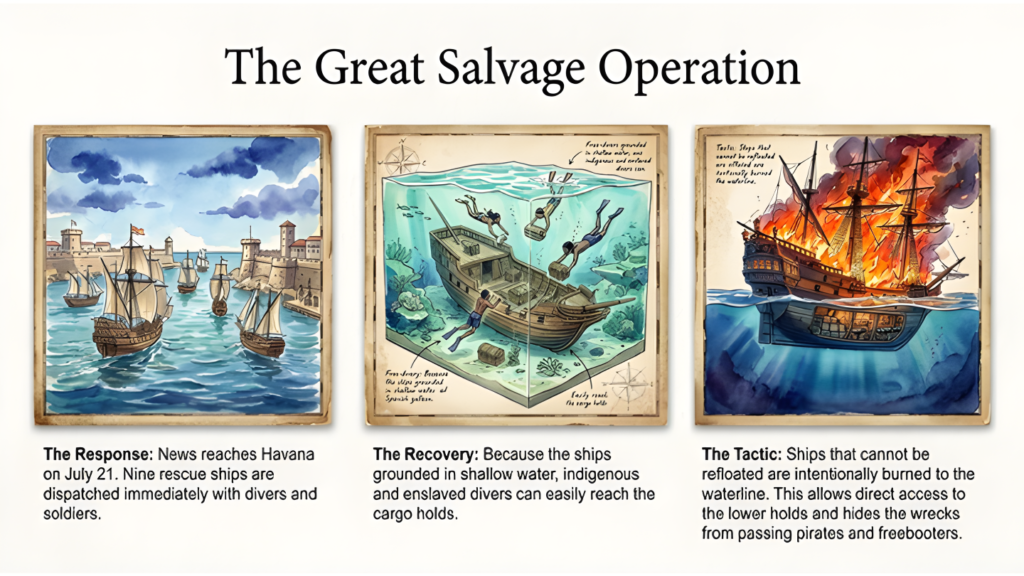 Three illustrated panels explain the Spanish salvage operation: rescue ships leave Havana, divers recover cargo from shallow wrecks, and ships that cannot be refloated are burned to expose their holds.