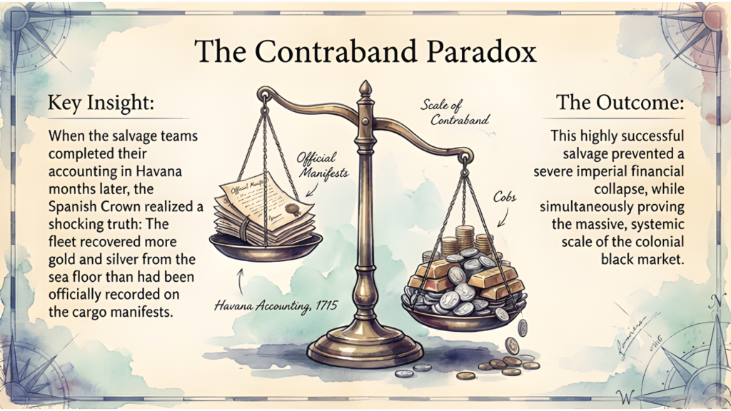 Balance scale compares light official cargo manifests with a much heavier pile of contraband coins and gold, illustrating that salvors recovered more precious metal than the fleet had declared.